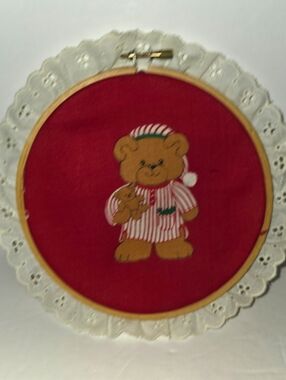 Vintage Teddy Bear Christmas Pajamas Wall Hanging Handmade Hoop 8 X 8